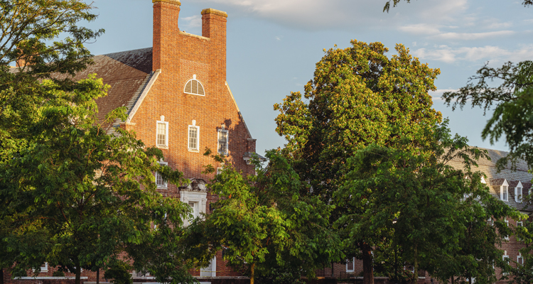 a South Central residence hall at sunset