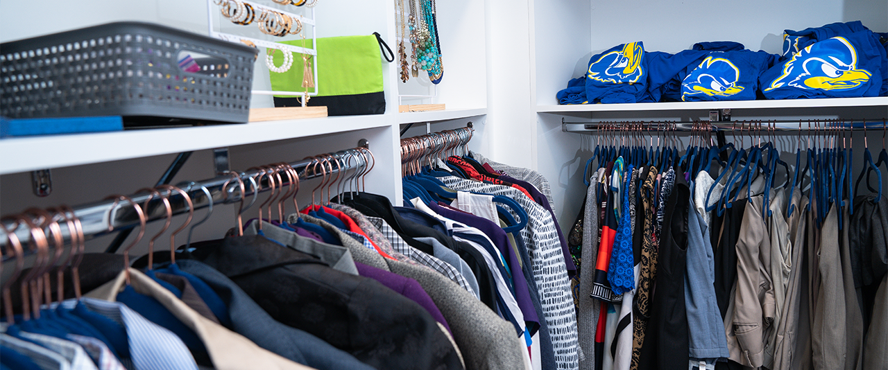 Clothing Coop closet stocked with professional wear, Blue Hen apparel and jewelry