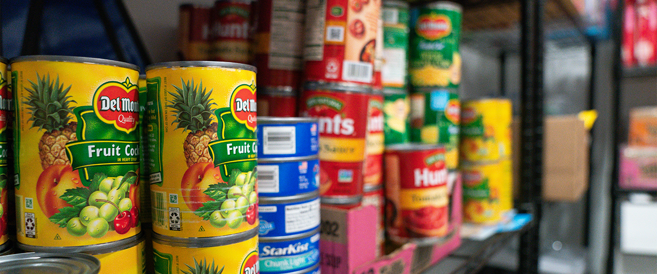 Canned and packaged food items in the CIE Food Pantry