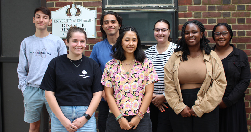 The Coastal Hazards, Equity, Economic prosperity and Resilience (CHEER) hub’s inaugural summer scholars are, from left to right, Brendan Calv of Millersville University, Eva Pumo of the University of Delaware, Emilio Mendoza of Beloit College, Guadalupe Guevara of the University of Delaware, Annika Doneghy of Case Western Reserve University, Nyla Howell of Texas A&M University, and TyKeara Mimms of University of Maryland, Baltimore County.