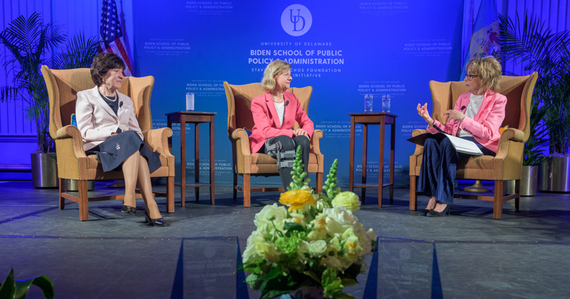 Sen. Susan Collins (left) and Sen. Tammy Baldwin (center) are interviewed by Valerie Biden Owens as part of the Biden School Civility in Public Service Award event.