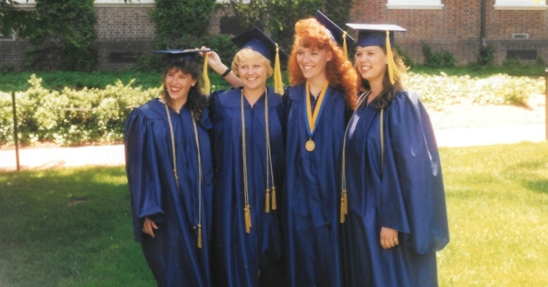 Kimberly (Alexander) Gaines, Rebecca (O’Day) Adams, Debbie (Short) Kirk and Elaine (Zeitler) Webb at their 1995 graduation.