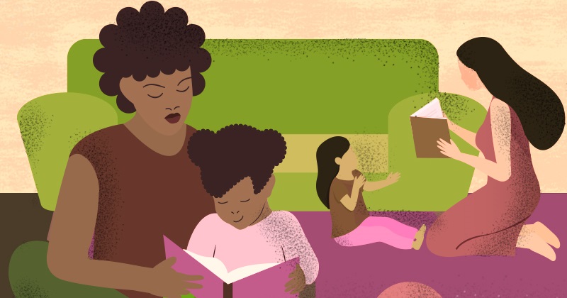 illusttration of people reading to children