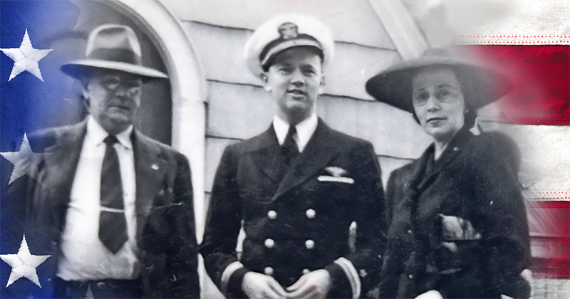 U.S. Navy Lieutenant Jay R. Manown, Jr. (center, pictured with his parents) was listed as missing in action after his plane crashed on Sept. 10, 1944. His remains were located, identified and repatriated in 2024 thanks to Project Recover, a nonprofit that includes members from the University of Delaware.