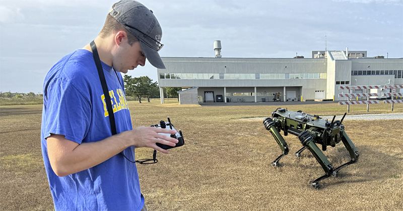 Students in UD’s Environmental Field Robotics course completed a term project over the fall 2024 semester using cutting-edge autonomous technology to create a map of UD’s Hugh R. Sharp Campus in Lewes. One of the tools they utilized was the Ghost Robotics Vision 60 Quadrupedal Uncrewed Ground Vehicle (Q-UGV) — otherwise known as a “robot dog” or a terrestrial robot and affectionately nicknamed “Snoop.”