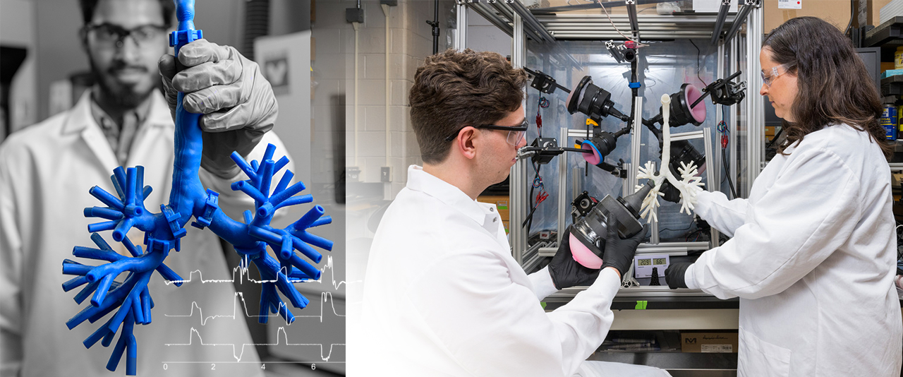 University of Delaware Assistant Professor Catherine Fromen and current graduate student Dominic Hoffman work with an adaptable lung model that can replicate realistic breathing maneuvers and offer personalized evaluation of aerosol therapeutics under various combinations of breathing conditions, formulations and parameters. They are testing to see the effectiveness of inhalable medications in the model.