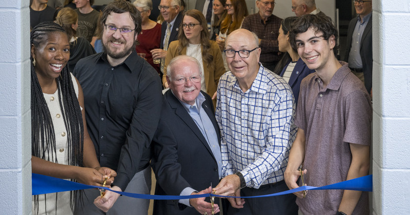 From left, undergraduate program advisor Arkita Mays and undergraduate program director Josh Enszer; Class of 1973 alumni Bill Dreshfield and Paul Schipper; and current senior Max Curello.