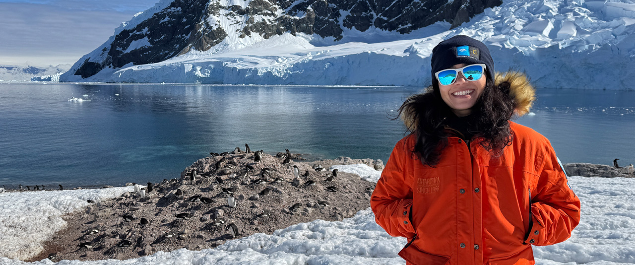 Alumna Soleil Sabalja represents UD in Antarctica, where she spent 10 days in December 2024 as part of the Grosvenor Teacher Fellowship, a collaboration between Lindblad Expeditions and the National Geographic Society to support pre-K–12 educators and promote geography education.