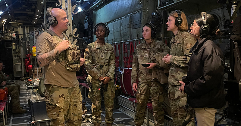 Cadets with the University of Delaware’s AFROTC participate in an aeromedical evacuation mission to learn about careers in military healthcare. 