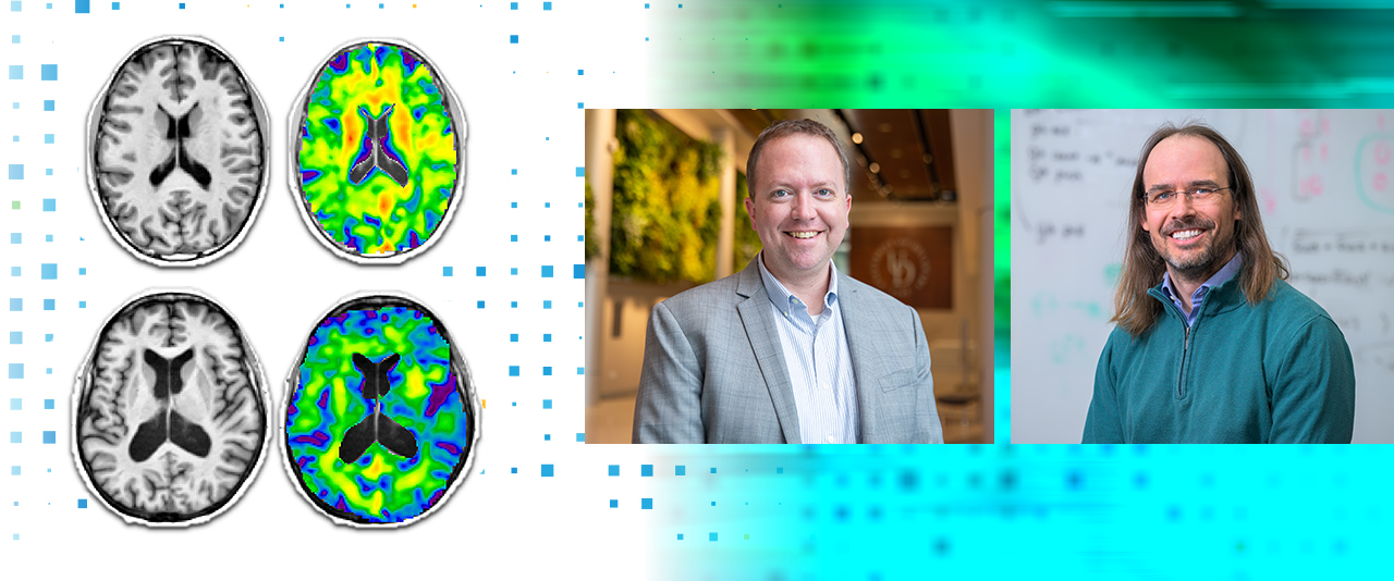 Two University of Delaware researchers — Curtis Johnson (left), associate professor of biomedical engineering, and Austin Brockmeier (right), assistant professor of electrical and computer engineering — have found that measuring brain stiffness is a reliable way to predict brain age. In these images, you see a scan of a young adult’s brain in the top row and an older adult’s brain in the bottom row. The brain’s basic anatomy is shown in the scan on the left, its stiffness on the right. The younger brain is much stiffer than the older brain, with the warmer colors reflecting that stiffness.