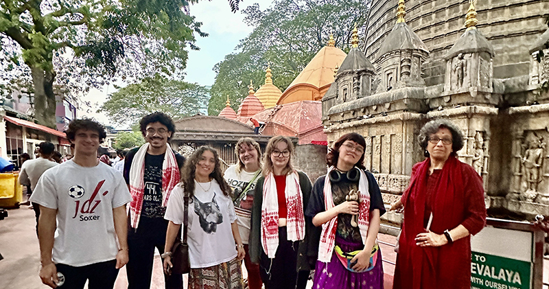 Joseph Lenzo, Xen Bossard, Keyla Valerio, Emma Bryant, Julianna Bullis, G. Pennisi and Gita Barua during their visit to the shrine of Kamakhya, the Goddess of Desire.