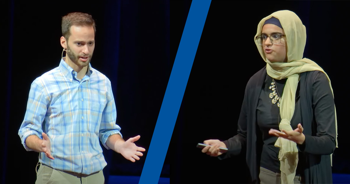 two students present a TedX talk on a stage