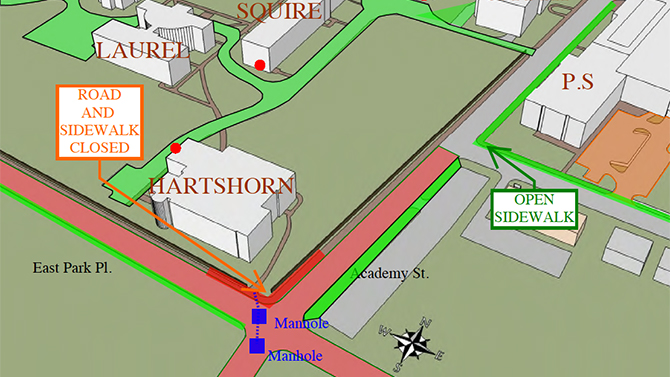 Map of the area affected by the closure of Academy Street.