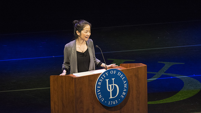 Shots of 2016 First Year Common Reader author, Julie Otsuka, speaking about her book "When The Emperor Was Divine" in Mitchell Hall.