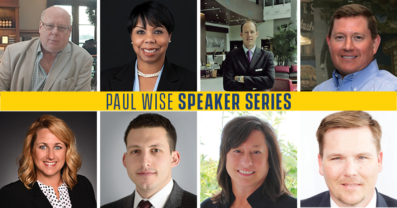 Headshots from each of the Paul Wise speakers with text indicating the Paul Wise Speaker Series.