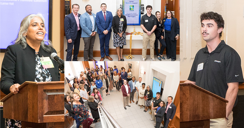 Anu Sivaraman (far left), assistant professor and acting chair of the Lerner Diversity Council, and Kyle Natter (far right), Class of 2022 finance and international business double major, join members of the Lerner College community who celebrated the unveiling of the Lerner Diversity Council Diversity Equity and Inclusion Action Promise Wall in Lerner Hall.