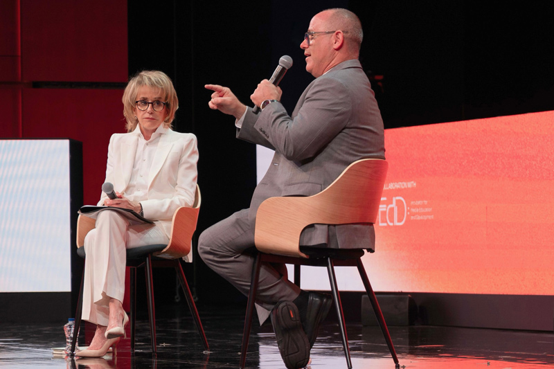 Valerie Biden Owens, chair of the Biden Institute at the Biden School of Public Policy and Administration interviews Fred Guttenberg, founder of Orange Ribbons for Jaime, at the SNF Nostos Conference in Athens, Greece.