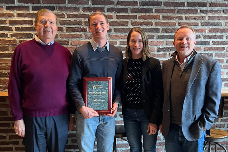 Linam (second from left) received the Donald and Joy Sparks Fellowship in Plant Science last year. UD faculty members (from left to right) Donald Sparks, Angelia Seyfferth and Erik Ervin celebrate Linam’s achievements.