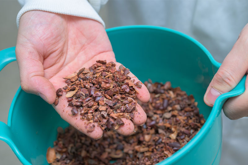A mixture of husks and nibs from cracking well-roasted whole beans. A mixture of husks and nibs from cracking well-roasted whole beans.