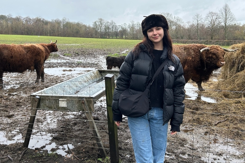 Skyler Rowe, a senior pre-veterinary major at the University of Delaware, studied abroad in Dublin, Ireland, in spring 2024. During an excursion to Scotland, she encountered the Highland cow, a traditional cattle breed from western Scotland.