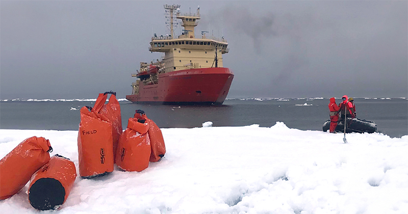 Pictured are the Nathaniel B. Palmer and one of the small boats. This picture was taken by Marsay from an ice floe where snow and sea ice samples were collected. 