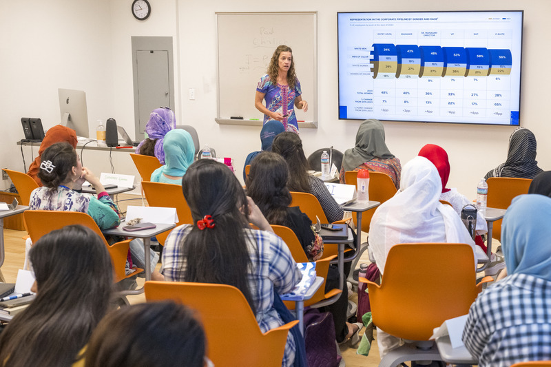 Amanda Bullough, professor of management, specializing in global and women’s leadership, shared global gender and race equity data with the STEMSisters.