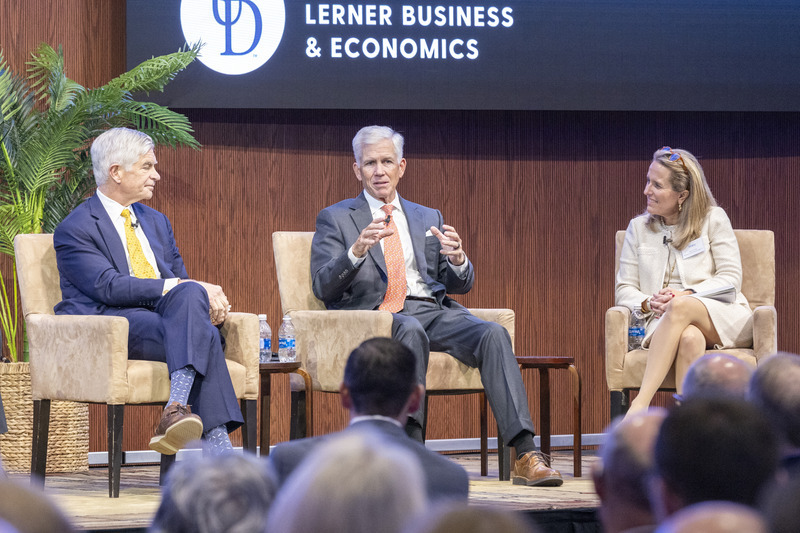 Michael Farr, center, speaks as Patrick T. Harker, left, and Hilary Provinse, right, listen during a panel discussion at the 2024 Lyons CEEE Economic Forecast. Michael Farr, center, speaks as Patrick T. Harker, left, and Hilary Provinse, right, listen during a panel discussion at the 2024 Lyons CEEE Economic Forecast.