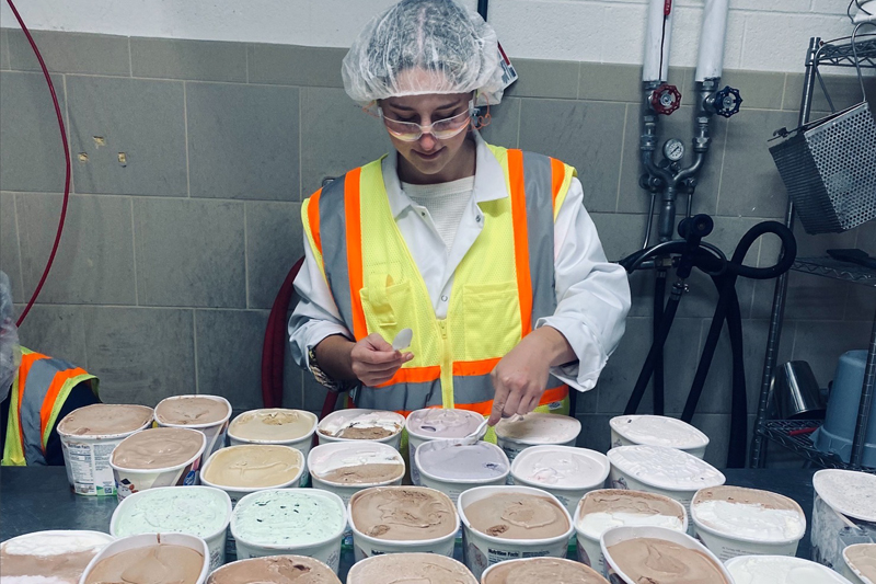 Jane Farnham, a senior food science major at the University of Delaware, worked with the Turkey Hill quality assurance team to check the consistency of each ice cream. 