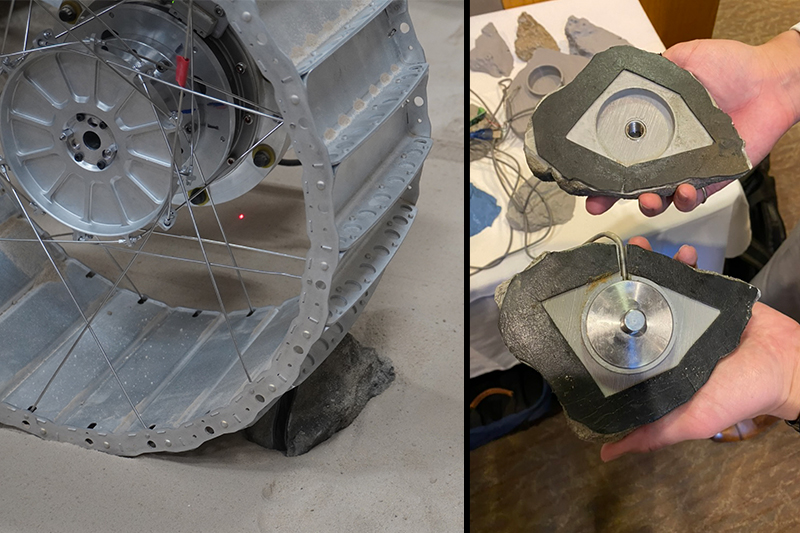 The synthetic moon rock being tested by a rover wheel at the NASA Glenn Research Center (left) and being opened to reveal the sensor inside (right). The synthetic moon rock being tested by a rover wheel at the NASA Glenn Research Center (left) and being opened to reveal the sensor inside (right).