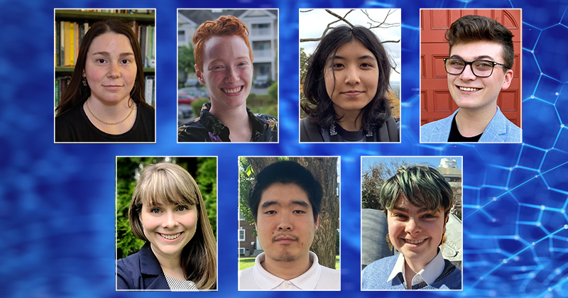 UD students and alumni earned recognition from the National Science Foundation with grants to help their future research work. Among the NSF Graduate Research Fellowship award winners for 2024 were (top row, left to right) Erin Mulhearn, Shar Daniels, Miyu Mudalamane, Gavin Mullin, (bottom row, left to right) Kristin Chisholm, Qi Zhang and Dana Kullgren.