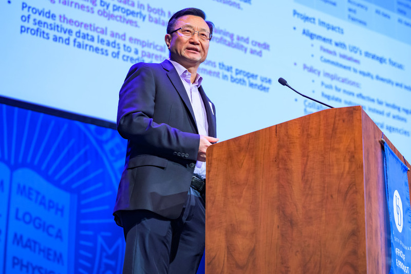 Bintong Chen, professor of business administration and director of Lerner College of Business and Economy, presents “FinTech Policy Innovation: Using Customer Sensitive Data to Improve Fair Lending” at the One Idea, One Slide Summit.