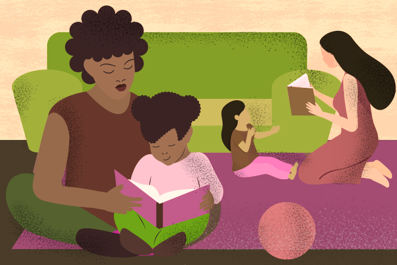 illustration of people reading to children