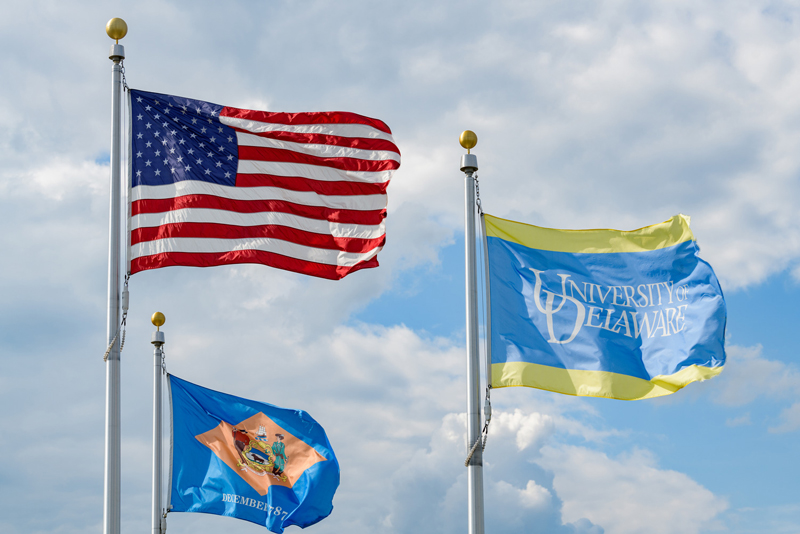 US, Delaware and UD flags