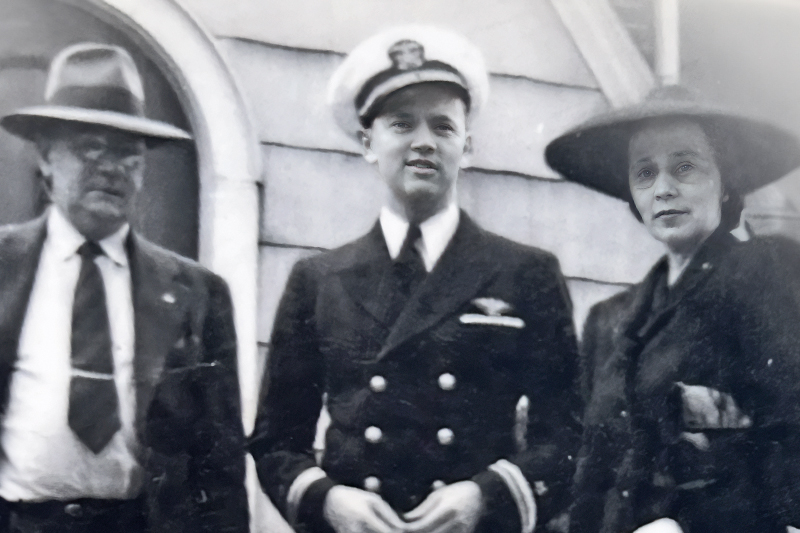 U.S. Navy Lieutenant Jay R. Manown, Jr. (center, pictured with his parents) was listed as missing in action after his plane crashed on Sept. 10, 1944. His remains were located, identified and repatriated in 2024 thanks to Project Recover, a nonprofit that includes members from the University of Delaware.