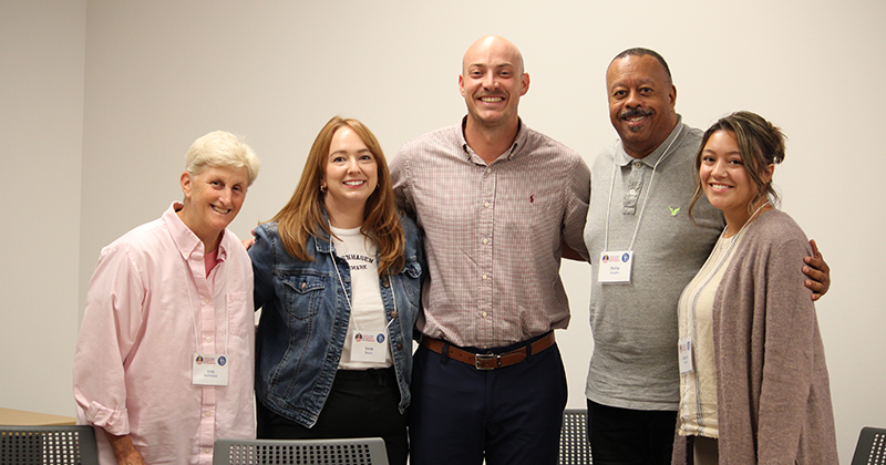 Delaware educators (from left to right) Lisa Nothstein, Sara Brick, Jake Austin, Phillip Vaughn and Elizabeth Pruneda pose for a photo following their group’s presentation for the Simulated Congressional Hearings portion of the CEAS Program. Delaware educators (from left to right) Lisa Nothstein, Sara Brick, Jake Austin, Phillip Vaughn and Elizabeth Pruneda pose for a photo following their group’s presentation for the Simulated Congressional Hearings portion of the CEAS Program.