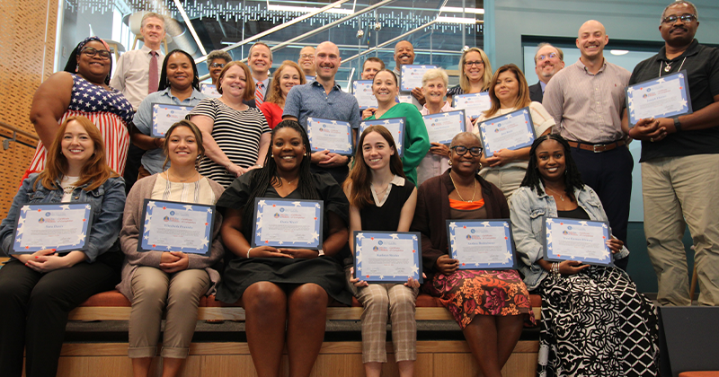 In August, eighteen Delaware educators gathered at the UD STAR Campus for the first session of Civics that Empowers All Students (CEAS). On the last day of the program, educators gathered for a photo displaying their newly awarded certificates of completion. 