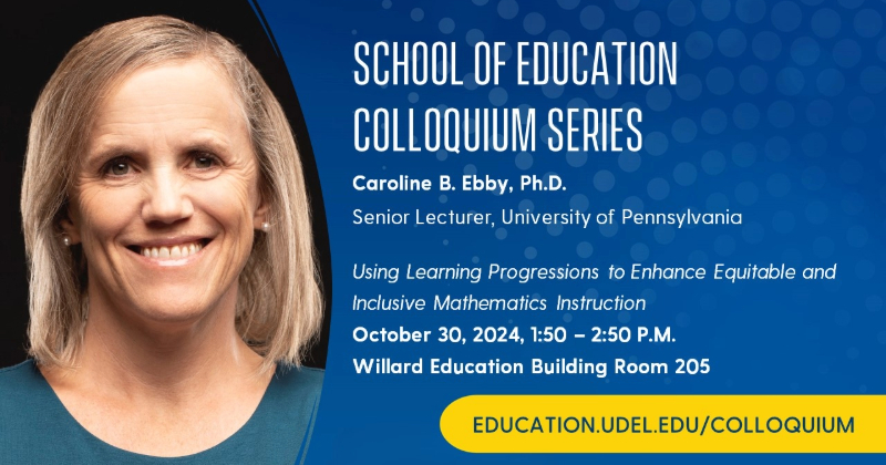 Graphic showing Caroline Ebby's photo and the date, time, and location of her colloquium.