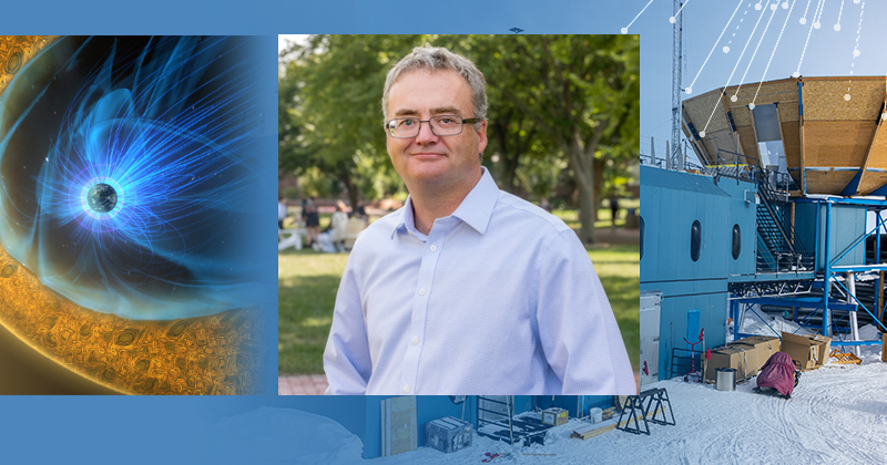 The University of Delaware’s Bartol Research Institute, directed by Prof. Jamie Holder (center), includes a wide range of extraterrestrial research. A few samples in this image include Prof. Michael Shay’s studies of the Earth’s magnetosphere (left), Associate Prof. Federica Bianco’s leadership in development of the Vera C. Rubin Observatory in Chile, and the South Pole facility — the Martin A. Pomerantz Observatory — named for the former Bartol director.