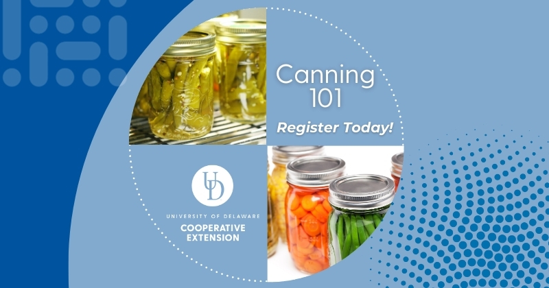 Canned food with the text "Canning 101. Register Today." and "University of Delaware Cooperative Extension.