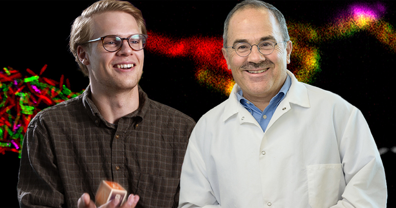UD engineers John Hill and Terry Papoutsakis have developed a new technique to examine how microbes interact. Their work shows that cells exchange ribosomal RNA, a previously unobserved phenomenom. Photo of Terry Papoutsakis by Evan Krape, images and photo courtesy John Hill. Illustration by Joy Smoker. UD engineers John Hill and Terry Papoutsakis have developed a new technique to examine how microbes interact. Their work shows that cells exchange ribosomal RNA, a previously unobserved phenomenom. Photo of Terry Papoutsakis by Evan Krape, images and photo courtesy John Hill. Illustration by Joy Smoker.