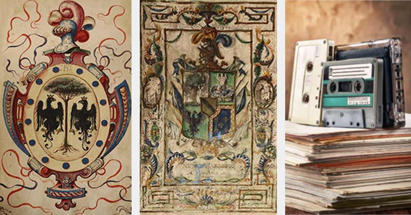 An image triptych featuring from left to right the Davila and the Nuñez D. Armesto families Executory Certificates of Nobility, and an Adobe stock image of cassette tapes sitting on a stack of research papers. 