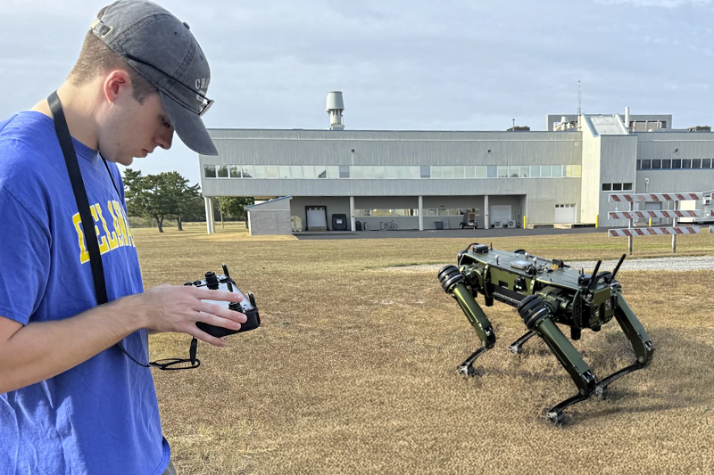 Students in UD’s Environmental Field Robotics course completed a term project over the fall 2024 semester using cutting-edge autonomous technology to create a map of UD’s Hugh R. Sharp Campus in Lewes. One of the tools they utilized was the Ghost Robotics Vision 60 Quadrupedal Uncrewed Ground Vehicle (Q-UGV) — otherwise known as a “robot dog” or a terrestrial robot and affectionately nicknamed “Snoop.”