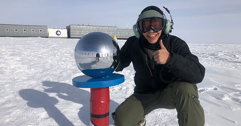 Katy Buoncristiano gives a thumbs up from the bottom of the world. Pictured here, she’s at the ceremonial South Pole marker, about 850 miles south of McMurdo, where she was stationed in Antarctica while serving in the U.S. Air Force. Katy Buoncristiano gives a thumbs up from the bottom of the world. Pictured here, she’s at the ceremonial South Pole marker, about 850 miles south of McMurdo, where she was stationed in Antarctica while serving in the U.S. Air Force.