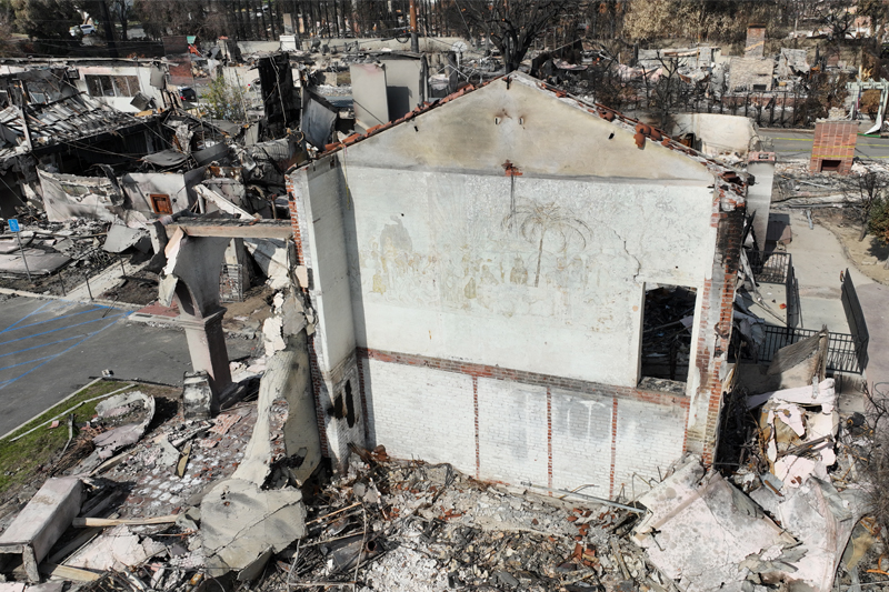 Fire ravaged the Pasadena Jewish Temple and Center in January, leaving only one wall standing. The façade of the wall was burned away, revealing a mural no one knew was there. The mural is visible in this site photo. The wall has since been demolished as part of the U.S. Army Corps of Engineers’ work to remove hazardous waste in the area. Fire ravaged the Pasadena Jewish Temple and Center in January, leaving only one wall standing. The façade of the wall was burned away, revealing a mural no one knew was there. The mural is visible in this site photo. The wall has since been demolished as part of the U.S. Army Corps of Engineers’ work to remove hazardous waste in the area.