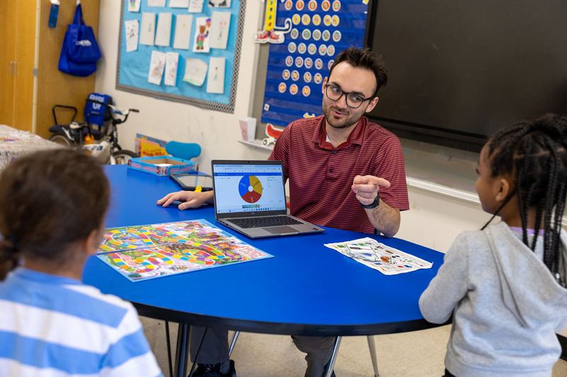 Jon Tressler, a 2024 graduate from the Speech-Language Pathology master’s program in UD’s College of Health Sciences, works with kids at Brader Elementary School. Pictured here, Mr. Jon, as students call him, has students practicing pronouncing “L” words and describing objects in complete sentences. Jon Tressler, a 2024 graduate from the Speech-Language Pathology master’s program in UD’s College of Health Sciences, works with kids at Brader Elementary School. Pictured here, Mr. Jon, as students call him, has students practicing pronouncing “L” words and describing objects in complete sentences.