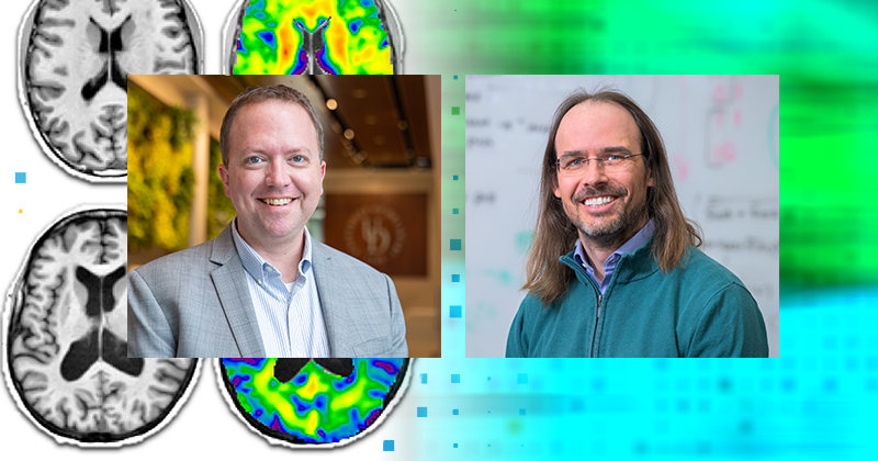 Two University of Delaware researchers — Curtis Johnson (left), associate professor of biomedical engineering, and Austin Brockmeier (right), assistant professor of electrical and computer engineering — have found that measuring brain stiffness is a reliable way to predict brain age. In these images, you see a scan of a young adult’s brain in the top row and an older adult’s brain in the bottom row. The brain’s basic anatomy is shown in the scan on the left, its stiffness on the right. The younger brain is much stiffer than the older brain, with the warmer colors reflecting that stiffness.