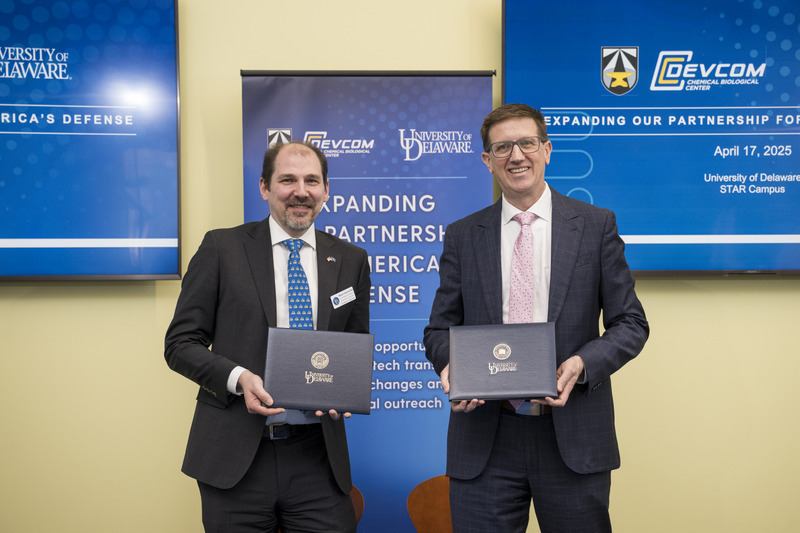 The joint agreement formalizes cooperative research efforts, technical transfer and educational outreach between UD and the U.S. Army DEVCOM Chemical Biological Center. The joint agreement formalizes cooperative research efforts, technical transfer and educational outreach between UD and the U.S. Army DEVCOM Chemical Biological Center.