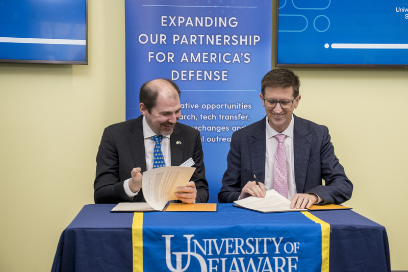 Miguel Garcia-Diaz, University of Delaware’s vice president for research, scholarship and innovation, and Michael Bailey, director of the U.S. Army’s Combat Capabilities Development Command (DEVCOM) Chemical Biological Center, sign a joint educational partnership agreement Thursday, April 21, 2025. Miguel Garcia-Diaz, University of Delaware’s vice president for research, scholarship and innovation, and Michael Bailey, director of the U.S. Army’s Combat Capabilities Development Command (DEVCOM) Chemical Biological Center, sign a joint educational partnership agreement Thursday, April 21, 2025.