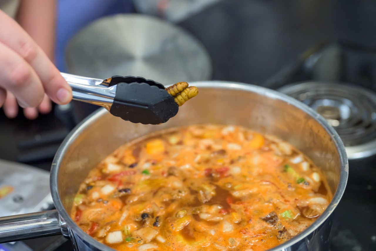Silkworm pupae were incorporated into the Sago worm and black bean chili. Silkworm pupae were incorporated into the Sago worm and black bean chili.