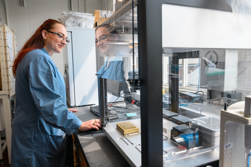 Graduate researcher Rebecca Colandrea works in the High Throughput Experimentation and Chromatography (HiTEC) Core, which makes it possible to pull complex mixtures of compounds apart and analyze them quickly. Graduate researcher Rebecca Colandrea works in the High Throughput Experimentation and Chromatography (HiTEC) Core, which makes it possible to pull complex mixtures of compounds apart and analyze them quickly.